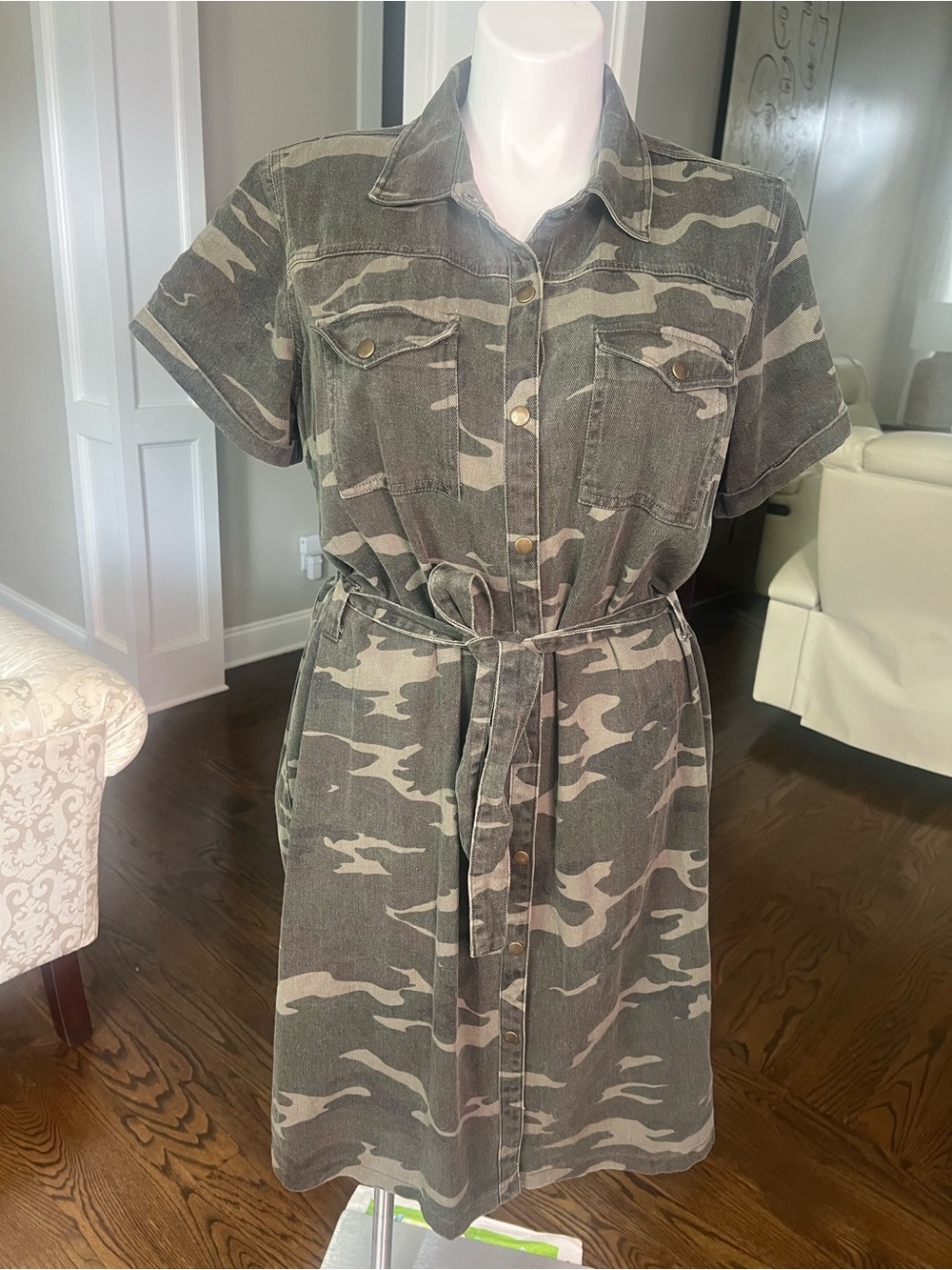 Ashley Stewart Olive & Beige Camo Shirt Midi Dress